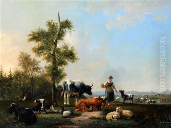 Een Zomers Weidelandschap Met Vee En Hoedster Oil Painting by Jan Kobell the Younger