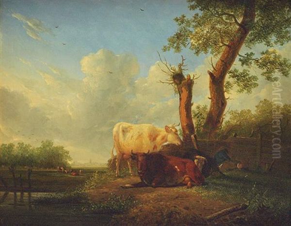 Schlafender Viehhirte Mit Seinen Kuhen In Sommerlicher Landschaft Oil Painting by Jan Kobell the Younger