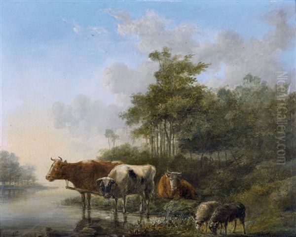 Weidende Herde Am Flussufer by Jan Kobell the Younger