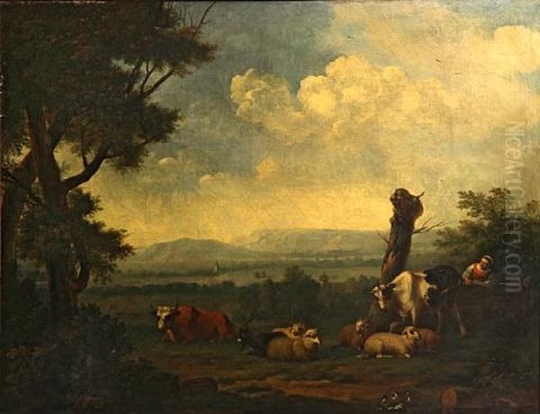 A Landscape With A Shepherdess And Animals By A Stream Oil Painting by Jan Kobell the Younger