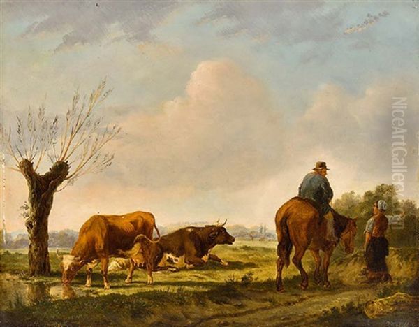 Kuhe Mit Einem Hirten Zu Pferd Auf Der Weide Oil Painting by Jan Kobell the Younger