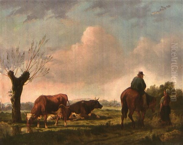 Kuhe Mit Einem Hirten Zu Pferd Auf Der Weide Oil Painting by Jan Kobell the Younger