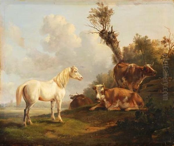 Pferde Und Kuhe Auf Der Weide Oil Painting by Jan Kobell the Younger