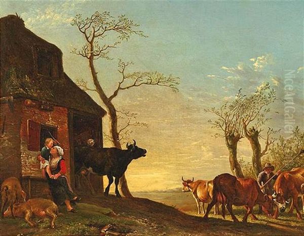 Bauernfamilie Mit Kuhen Vor Ihrer Kate In Weiter Landschaft Oil Painting by Jan Kobell the Younger