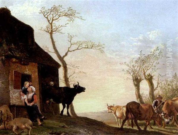 Bauernfamilie Mit Kuhen Vor Ihrer Kate In Weiter Landschaft Oil Painting by Jan Kobell the Younger