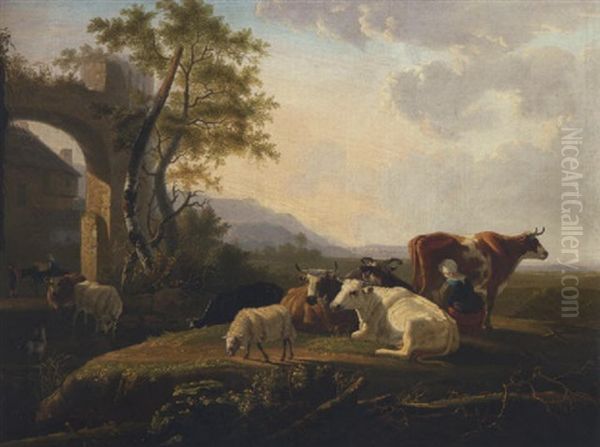 A River Landscape With Cattle And A Milkmaid Near A Farm Oil Painting by Jan Kobell the Younger