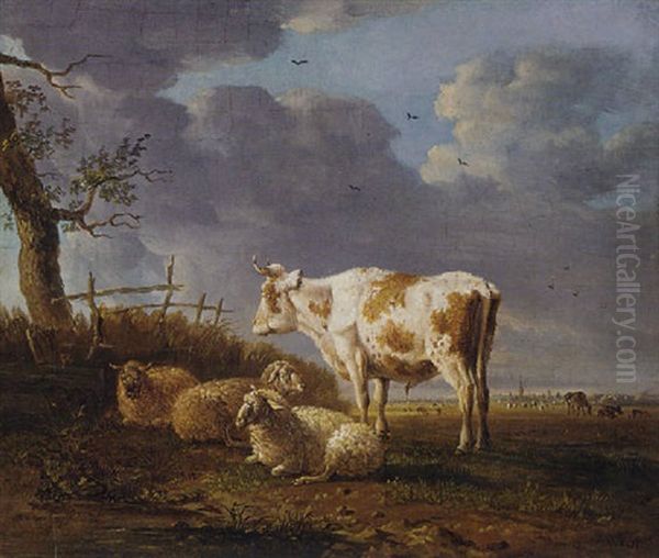 A Pastoral Landscape With A Cow And Sheep By A Tree Oil Painting by Jan Kobell the Younger