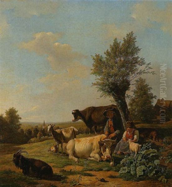 Bauernpaar Mit Kuhen Und Ziegen Oil Painting by Jan Kobell the Younger