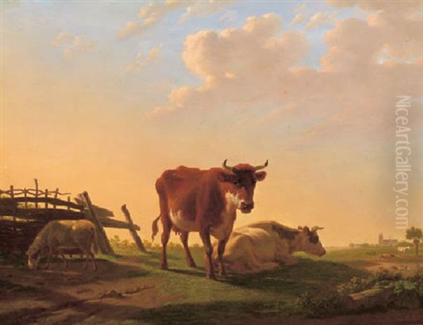 Cows And A Sheep By A Fence, Dordrecht Beyond, At Sunset Oil Painting by Jan Kobell the Younger