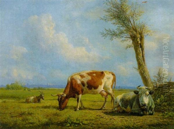 Kuhe Und Ziege Auf Der Weide Bei Einem Kopfweidenbaum Und Zaun Oil Painting by Jan Kobell the Younger