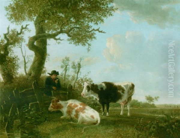 Cows In A Meadow With A Shepherd Leaning Over The Hek Oil Painting by Jan Kobell the Younger