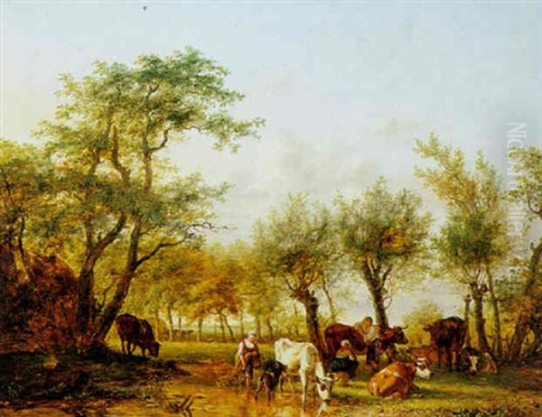 Cowherds Watering Cattle Oil Painting by Jan Kobell the Younger