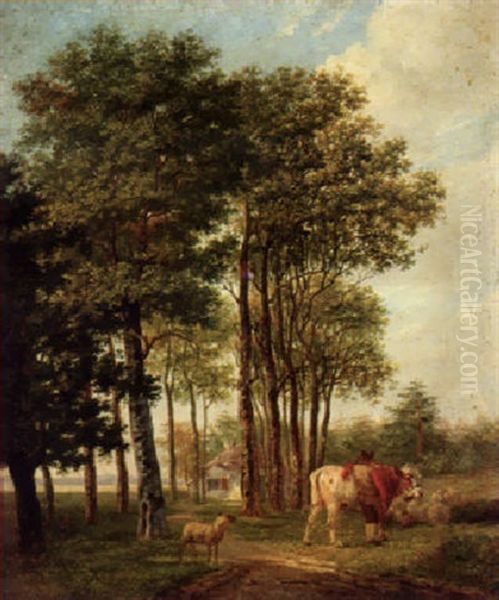 A Herdsman Halting By A Wooded Path Oil Painting by Jan Kobell the Younger