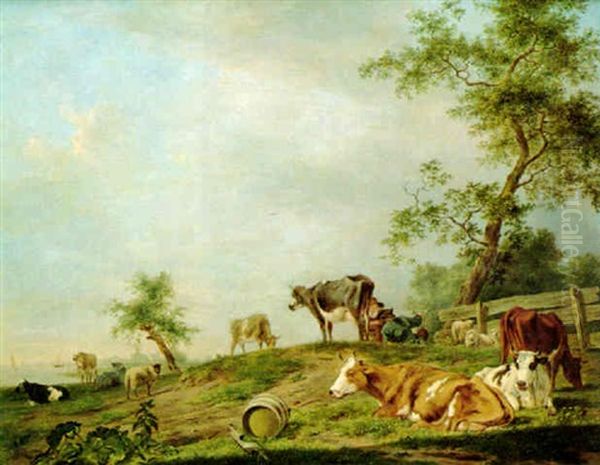 Cattle In A Meadow Oil Painting by Jan Kobell the Younger