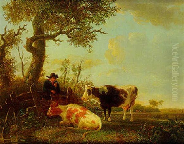 A Farmer And Cattle In A Summer Landscape Oil Painting by Jan Kobell the Younger