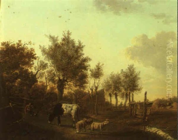 Farmyard Scene With Cows And Sheep And A Farmer Seated By A Fence Oil Painting by Jan Kobell the Younger