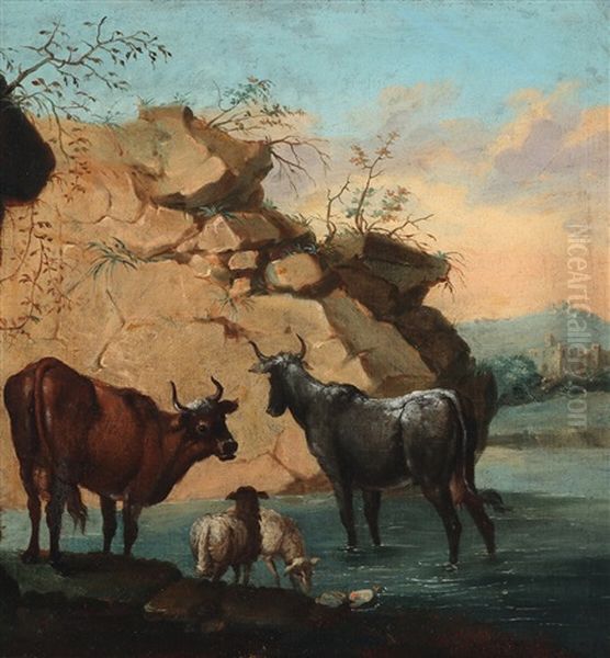 Scenery With Cows And Sheep Oil Painting by Ferdinand Kobell