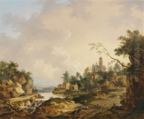 Ideale Fluslandschaft Mit Schlos, Wasserfall Und Personenstaffage Oil Painting by Ferdinand Kobell