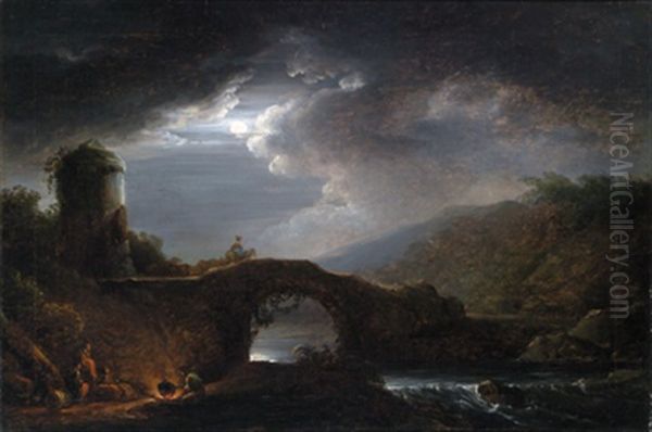 Nachtliche Flusslandschaft Mit Einer Steineren Bogenbrucke, Einem Turm Und Figuren Bei Einem Feuer Oil Painting by Ferdinand Kobell