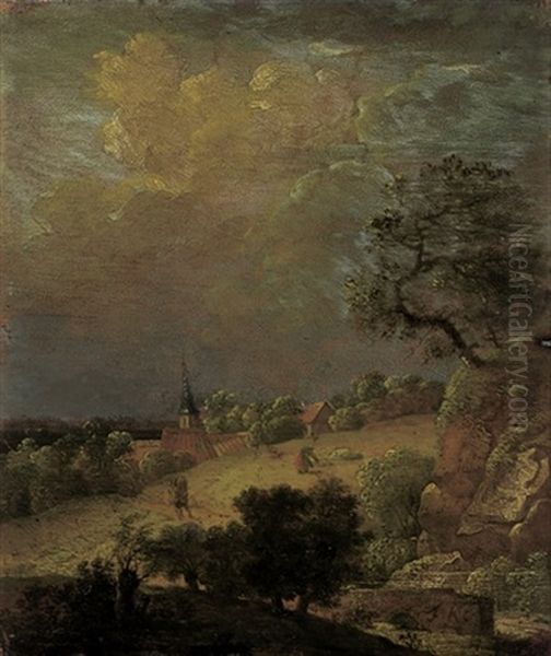 Dorf Zwischen Hugeln Bei Aufziehendem Gewitter (2 Works) Oil Painting by Ferdinand Kobell