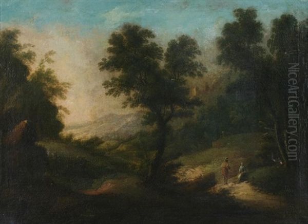 Berglandschaft Mit Schlosruine Mit Personenstaffage Aus Einer Waldlichtung Gesehen Oil Painting by Ferdinand Kobell