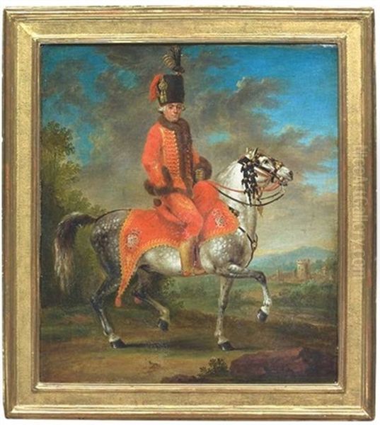 Alexander Freiherr Von Bowinghausen-wallmerode Als Generalfeldmarschall-leutnant Des Roten Husaren-regiments Zu Pferd Vor Landschaftshintergrund. Im Hintergrund Rechts Eine Burg by Ferdinand Kobell