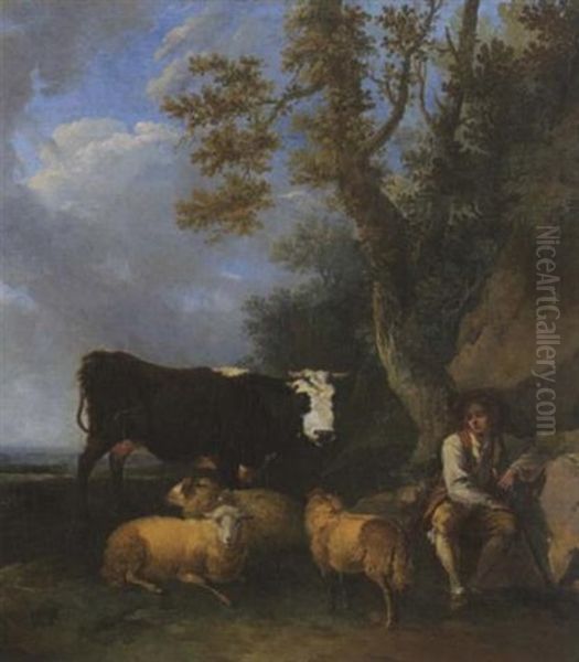 Hirte Mit Schafen Und Kuhen Oil Painting by Ferdinand Kobell