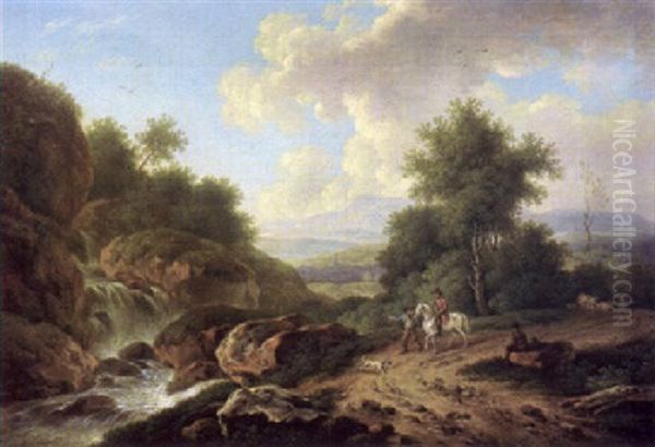 Felsige Landschaft Mit Wasserfall Und Reiter Oil Painting by Ferdinand Kobell