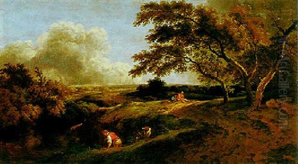 Baumlandschaft Mit Bachlauf, Angler Und Zwei Rastenden Wanderern Oil Painting by Ferdinand Kobell