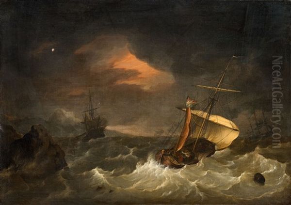 Ships In Stormy Seas Oil Painting by Hendrik Kobell