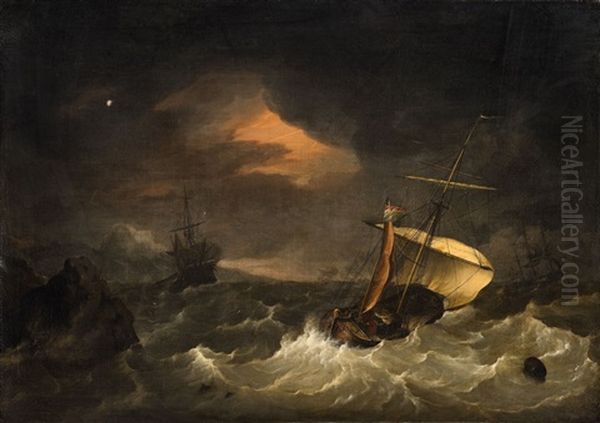 Ships In Stormy Sea At Thunder Oil Painting by Hendrik Kobell