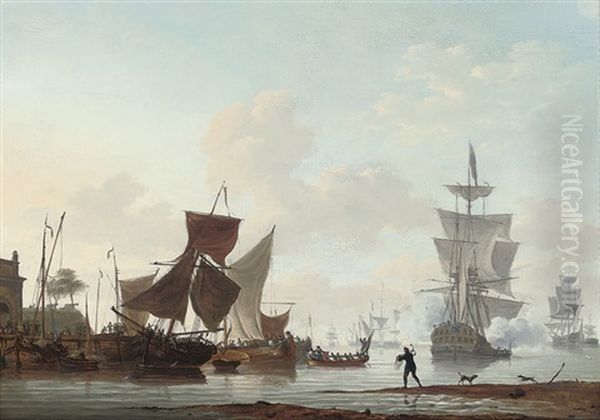 A Dutch Harbour With A Man-of-war Firing Its Cannon Oil Painting by Hendrik Kobell