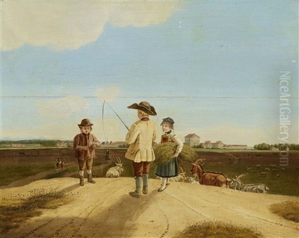 Shepherd Children And Herd Of Goats In Front Of The Nymphenburg Palace Oil Painting by Wilhelm Alexander Wolfgang von Kobell