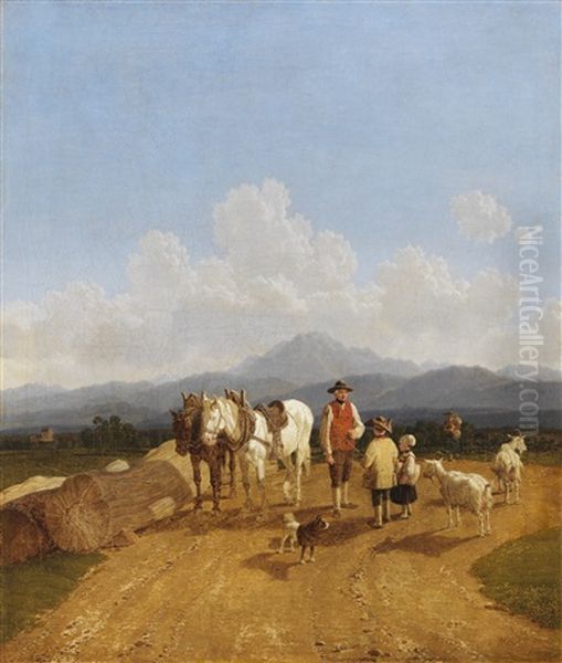 Bauer Und Hirtenkinder In Oberbayerischer Voralpenlandschaft Oil Painting by Wilhelm Alexander Wolfgang von Kobell