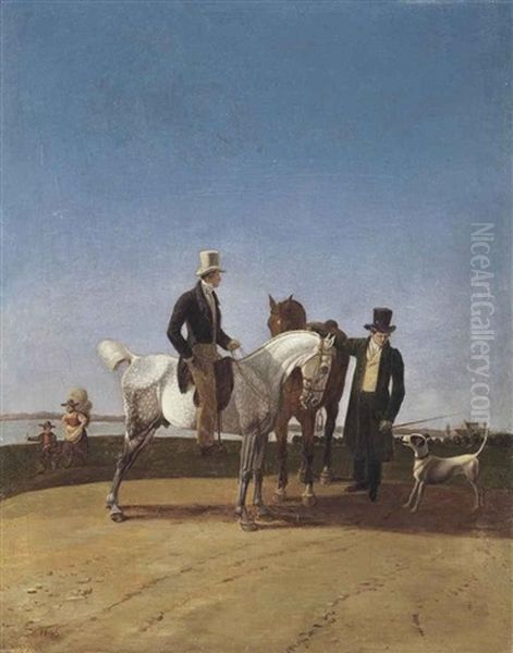 Two Riders Conversing, A Lake Beyond Oil Painting by Wilhelm Alexander Wolfgang von Kobell