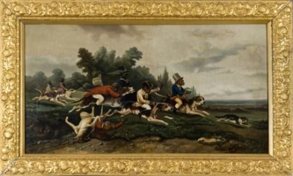 Monkeys Riding Dogs In Pursuit Of A Cat Oil Painting by William Holbrook Beard