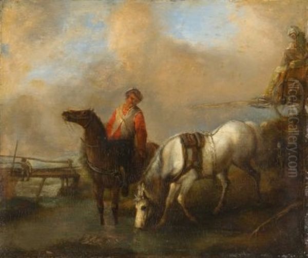 Berittener Bauer Mit Seinen Pferden An Der Tranke (after Philips Wouwerman) Oil Painting by Wilhelm Alexander Wolfgang von Kobell