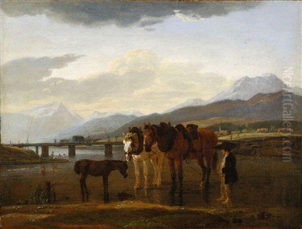 Bauerin Und Bub Mit Zwei Pferden (+ Pferdegespann Vor Rottlach-egern; Pair) Oil Painting by Wilhelm Alexander Wolfgang von Kobell