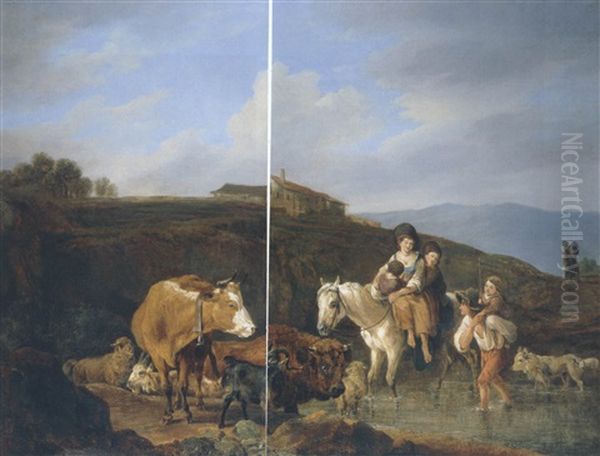 Vieh Und Reiter In Italienischer Landschaft Oil Painting by Wilhelm Alexander Wolfgang von Kobell