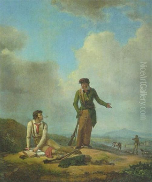 Zwei Jager Auf Einer Anhohe Bei Der Rast, Im Hintergrund Ein Dritter Kamerad Mit Den Jagdhunden Oil Painting by Wilhelm Alexander Wolfgang von Kobell