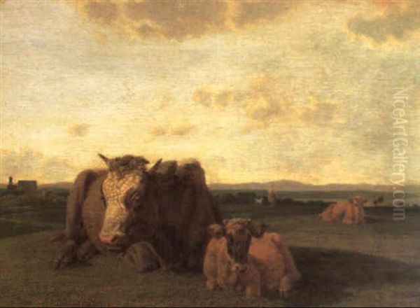 Voralpenlandschaft Mit Weidevieh Vorn Und Einer Hirtin Mit  Hund Im Mittelgrund Rechts Oil Painting by Wilhelm Alexander Wolfgang von Kobell