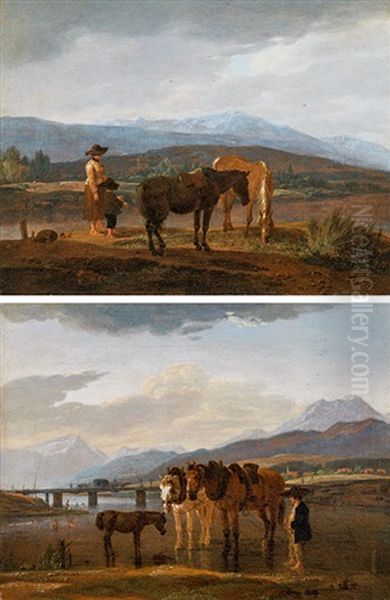 Counterparts: Farmer's Wife With A Boy; Horses With Cart And Shepherds Oil Painting by Wilhelm Von Kobell