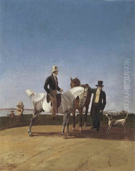 Two Riders Conversing On A Path, A Lake Beyond Oil Painting by Wilhelm Von Kobell