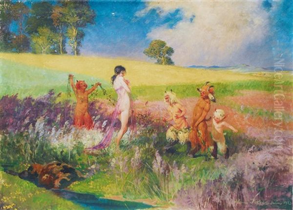 Young Fauns And Nymph Playing by Hans Koberstein