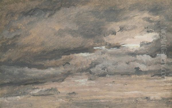 Luftstudie, Rodlig Aftenhimmel Med Tunge Sortgra Skyer - Air Study, Reddish Evening Sky With Heavy Clouds Oil Painting by Christen Kobke