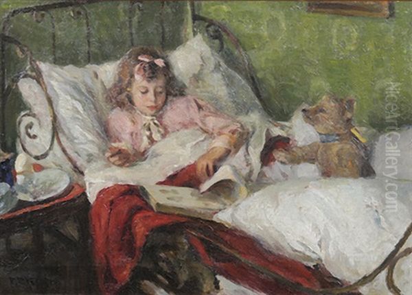 Bildnis Eines Madchens Mit Buch Im Bett Oil Painting by Friedrich Ferdinand Koch