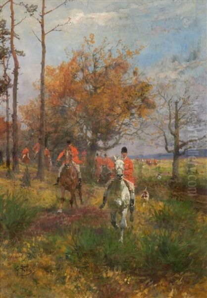 Parforce Hunting Scene In An Autumn Forest Oil Painting by Georg Koch