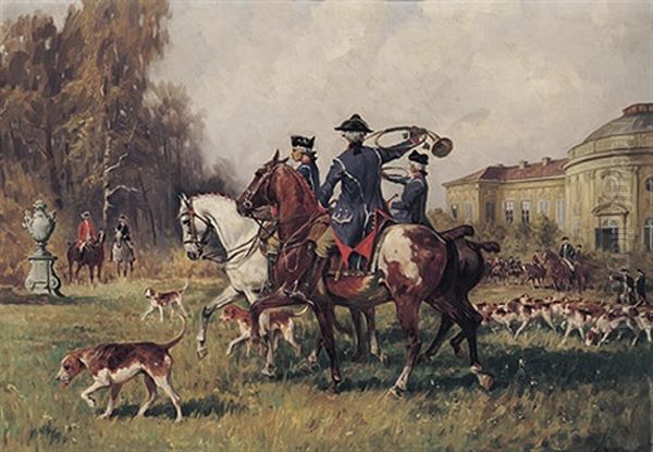 Hofische Reiter Mit Groser Hundemeute Versammeln Sich Vor Sanssouci Zur Fuchsjagd Oil Painting by Georg Koch