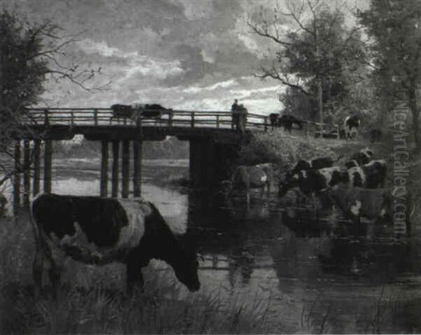 Cattle Watering At River Oil Painting by Georg Koch