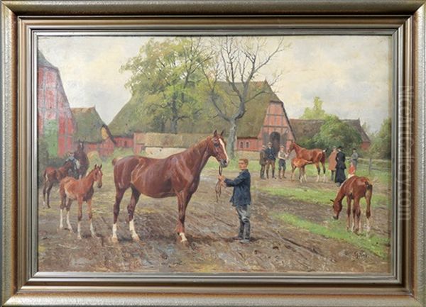 Pferdemarkt Auf Einem Gestut Mit Fachwerkhausern Oil Painting by Georg Karl Koch